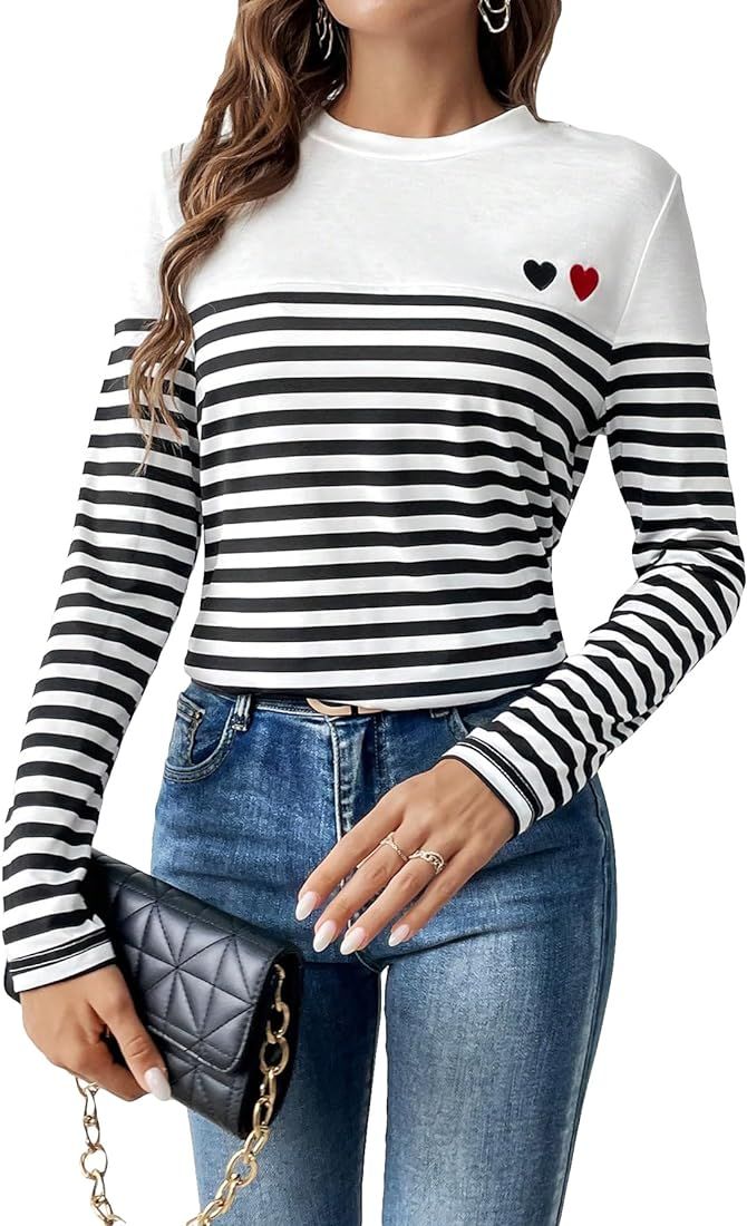 SweatyRocks Women's Striped Print Round Neck Long Sleeve Tee Top Casual Heart Embroidery T Shirts | Amazon (US)