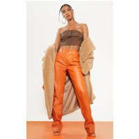 Bright Orange Faux Leather Dart Pocket Straight Leg Pants | PrettyLittleThing US