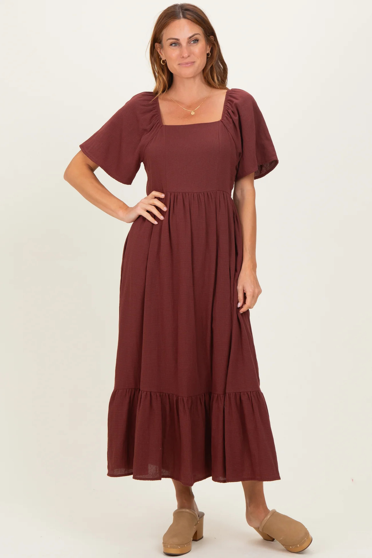 Burgundy Gingham Square Neck Ruffle Midi Dress | PinkBlush Maternity