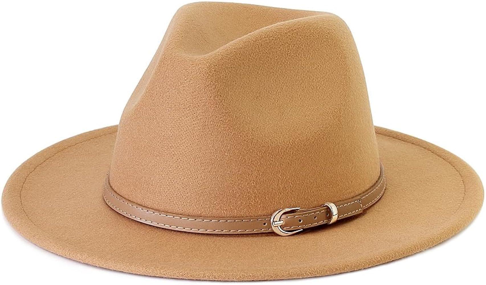 LolliWeaver Women Fashion Flat Wide Brim Teardrop Crown Felt Fedora Hat with Hat Belt | Amazon (US)