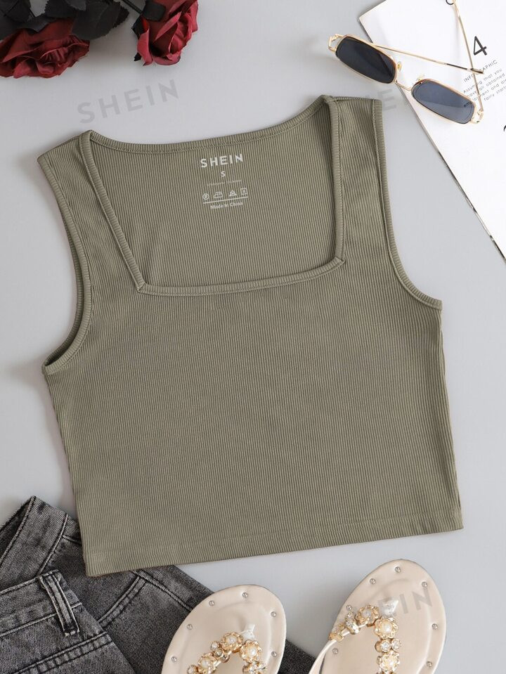 Rib-knit Square Neck Tank Top | SHEIN