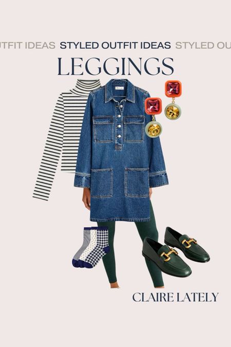 A denim dress layered over a navy stripe turtleneck and leggings is finished off with contrasting patterned socks, loafers in the same color as the leggings to elongate, and playful earrings to warm up the look. 
Love, Claire Lately 

#LTKstyletip #LTKworkwear #LTKshoecrush