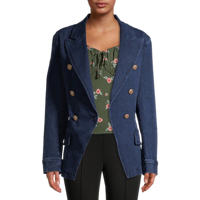 Attitude Unknown Women's Denim Gold Button Military Blazer | Walmart (US)