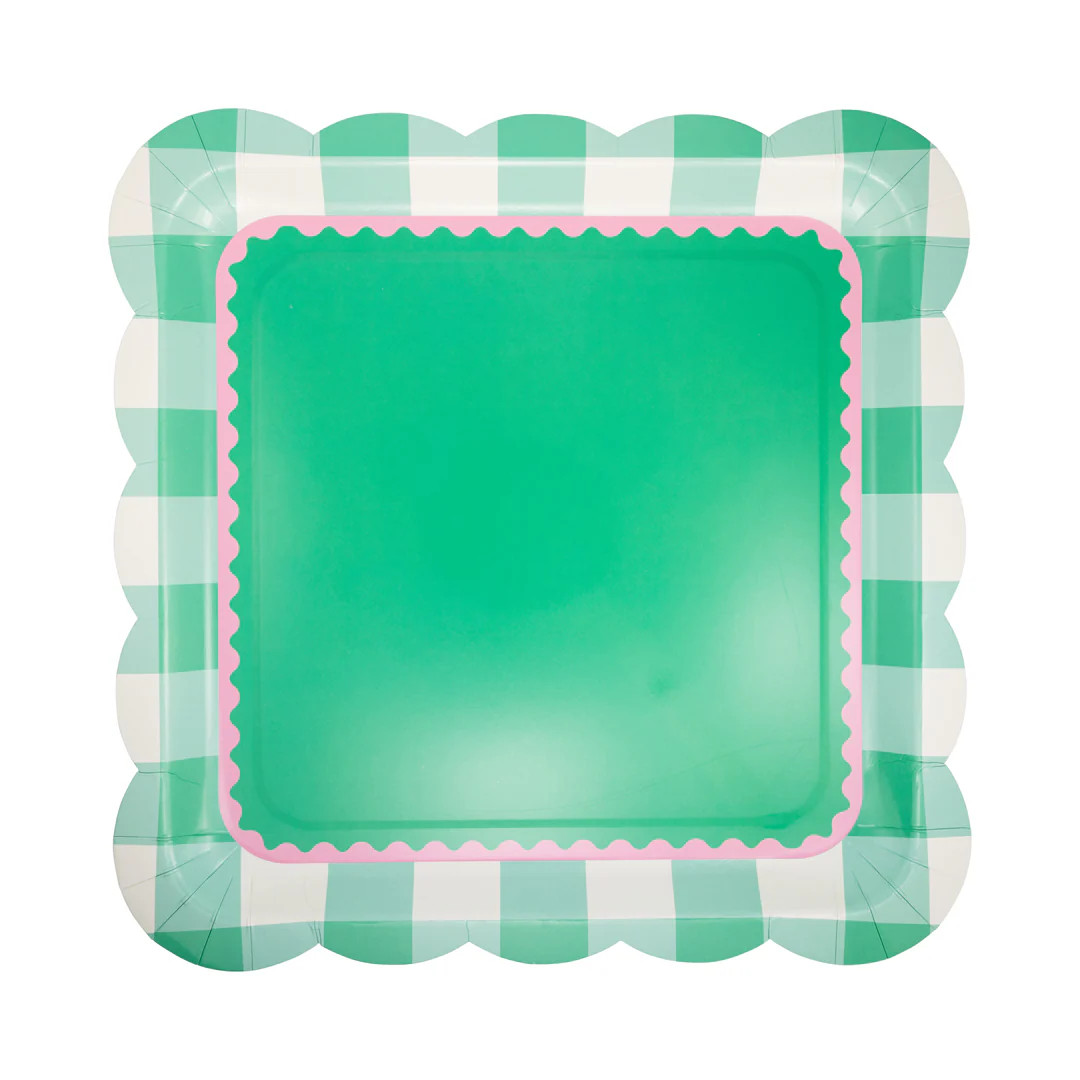 Pink and Green Gingham Scalloped Square Plate | My Mind's Eye