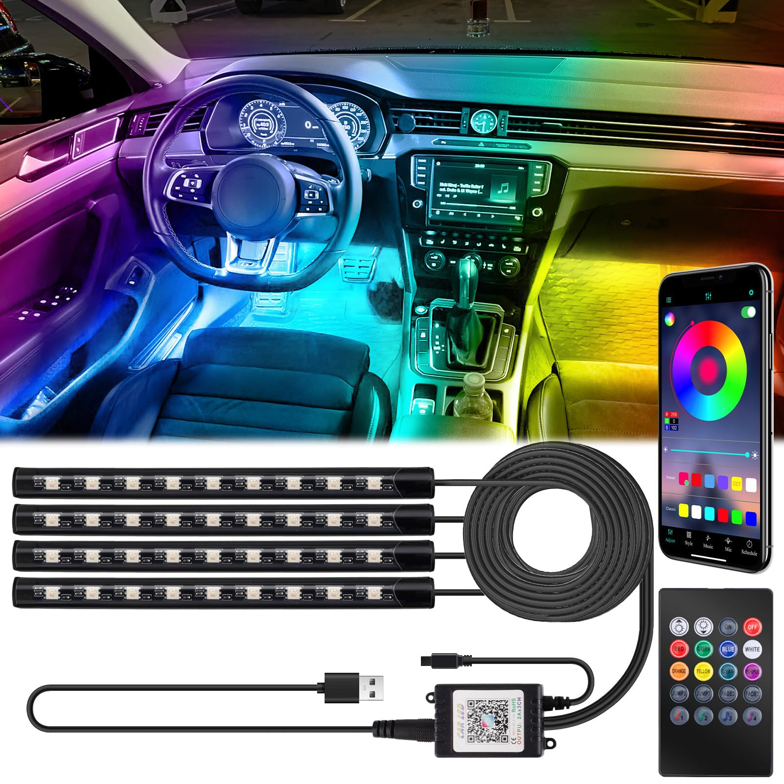 Car Interior Lights, 5V LED Strip Lights with USB Adapter, Ambient Car Lighting Kit, App & Remote... | Amazon (US)