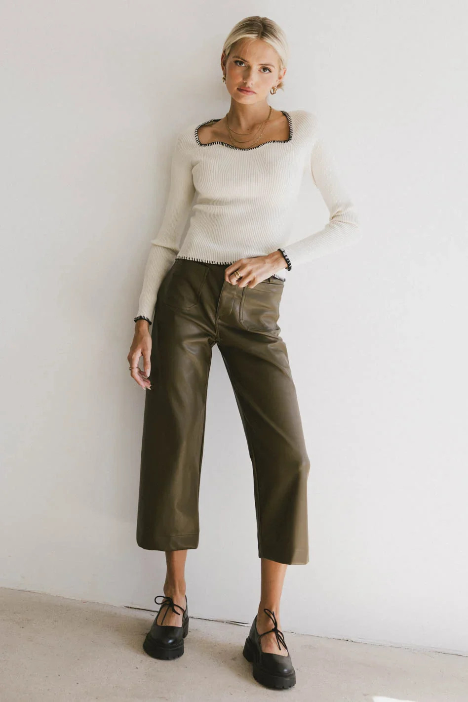 Sadie Wide Leg Pants in Olive Leather | Böhme US