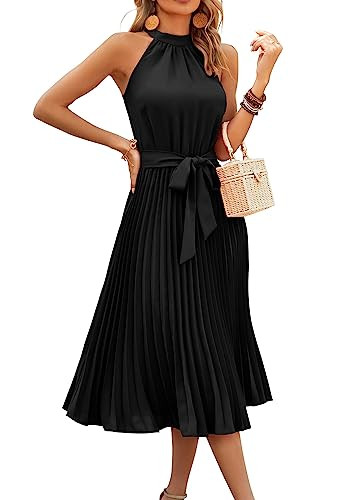 KIRUNDO Women's 2025 Summer Sleeveless Halter Neck Pleated Midi Cocktail Dresses A Line Flowy Beach Sun Dress with Belt(Black, XX-Large) | Amazon (US)