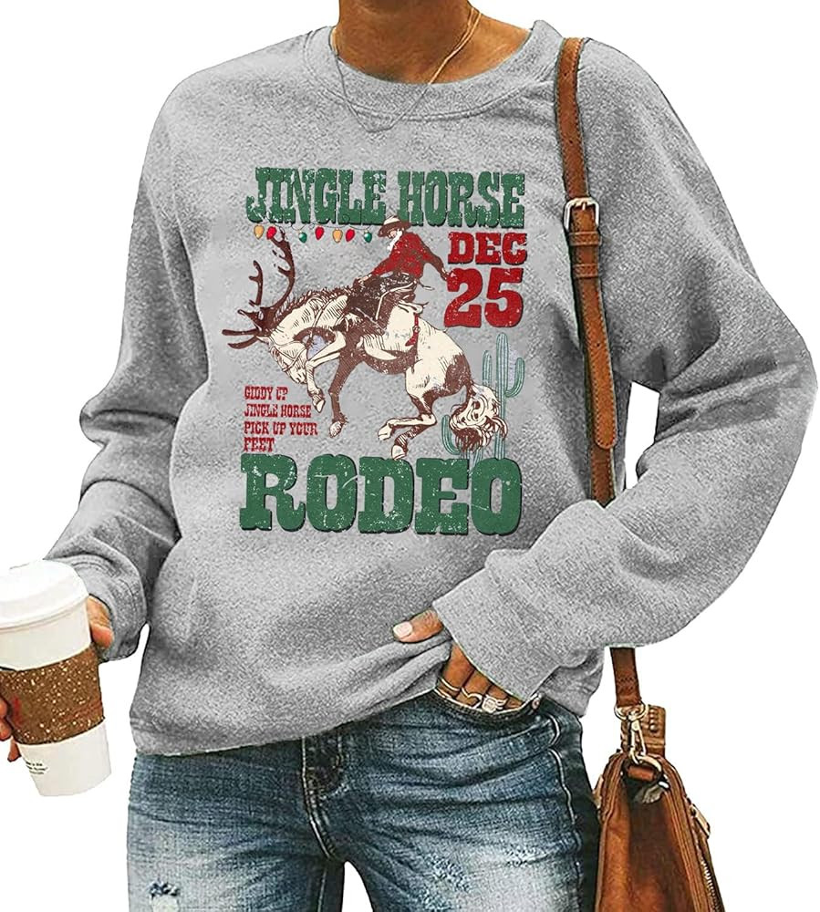 QIANRUO Cowboy Christmas Sweatshirt Women Funny Letter Print Cowgirl Xmas T-Shirt Casual Long Sle... | Amazon (US)