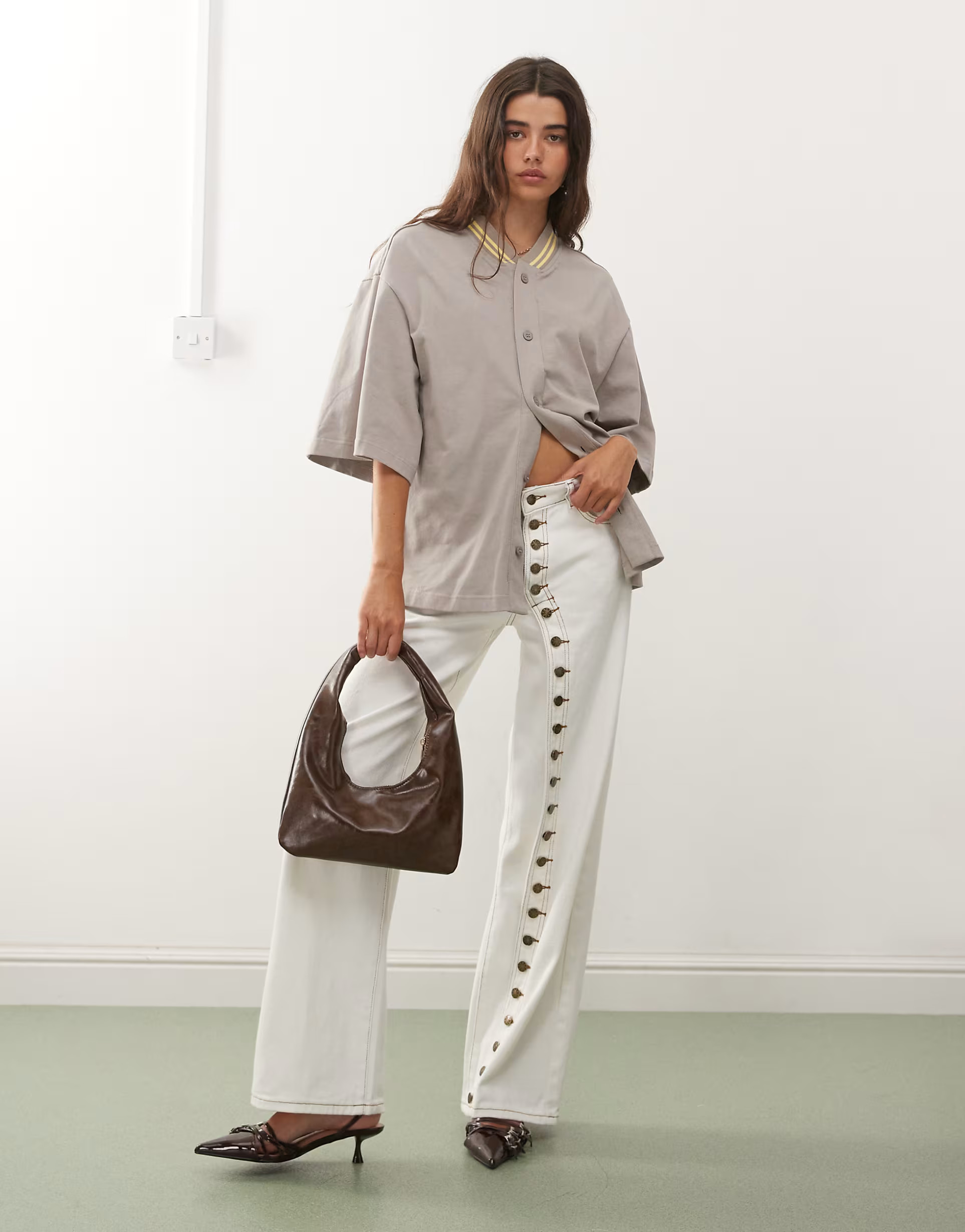 Lioness Penny asymmetric button detail wide leg jeans in white | ASOS | ASOS (Global)