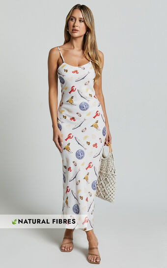 Jamilla Midi Dress - Bias Cut Linen Look Midi Slip Dress in Seaside Print | Showpo (US, UK & Europe)