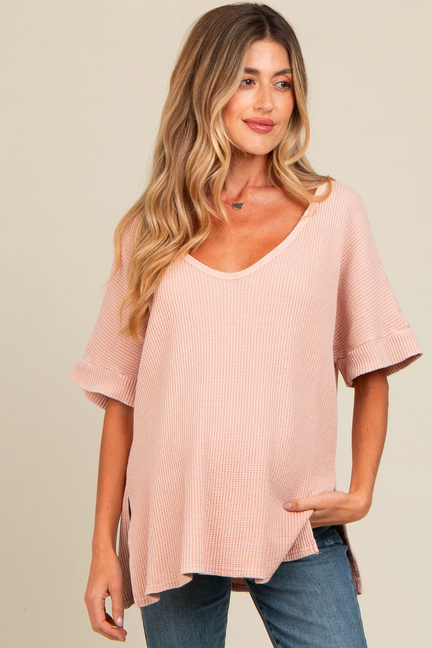 Mauve Waffle Knit V-Neck Maternity Top | PinkBlush Maternity