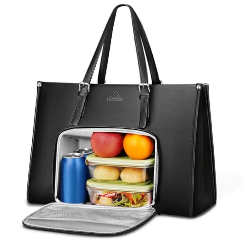 MATEIN Laptop Tote Bag with Insulated Lunch Compartment, 15.6 Inch PU Leather Briefcase with Leakproof Lunch Box Pocket for Women, Convertible Lightweight Computer Work Bag Handbag for Office, Black | Amazon (US)