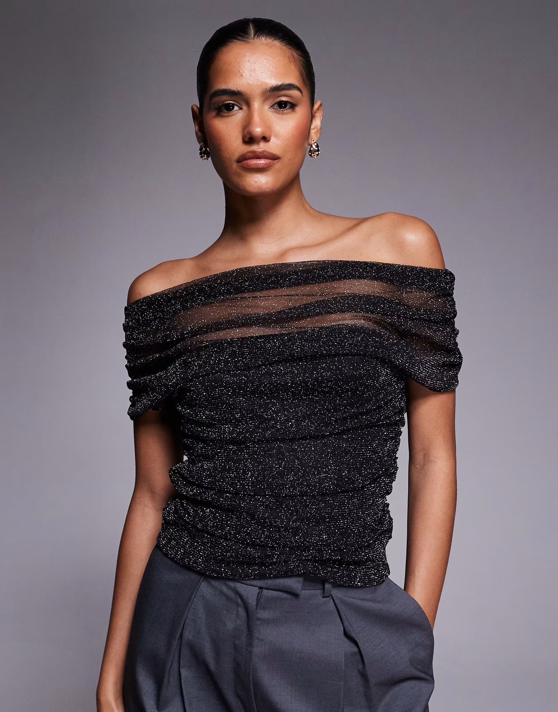 ASOS DESIGN draped shoulder mesh glitter top with ruching in black | ASOS (Global)