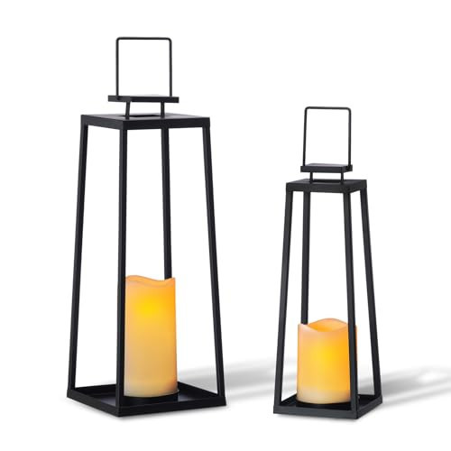 Solar Lantern Decorative Outdoor Set of 2 (18’’ & 15’’) Modern Black Metal Lanterns with Solar Candles, Decorative Candle Lanterns for Outdoor Porch, Patio, Garden, Yard Decor | Amazon (US)