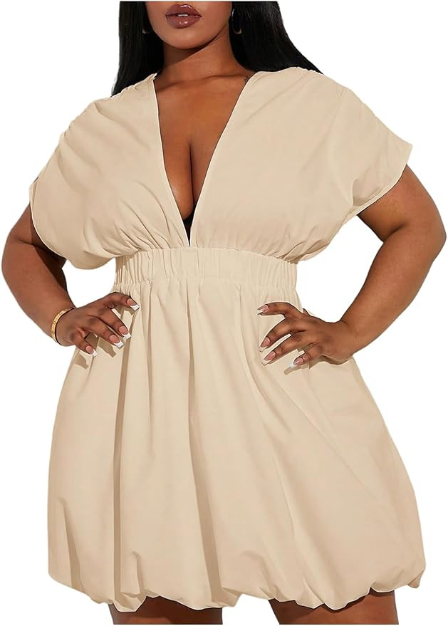 WDIRARA Women's Plus Size Deep V Neck Bubble Dress Short Sleeve A Line Mini Dresses | Amazon (US)