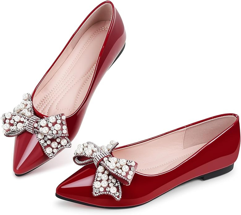 Leather Flats for Women Bling Rhinestone Pointed Non Slip Comfort Slip on Breathable Wedding Dres... | Amazon (US)