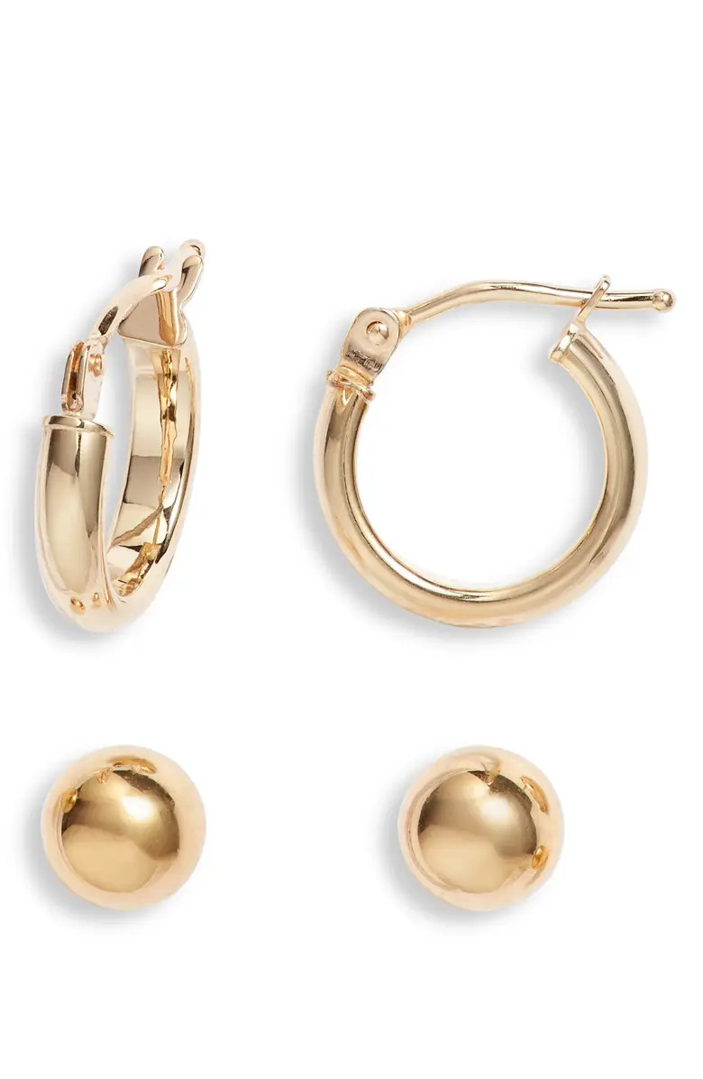 14K Gold Set of 2 Ball Studs & Huggie Hoop Earrings | Nordstrom | Nordstrom