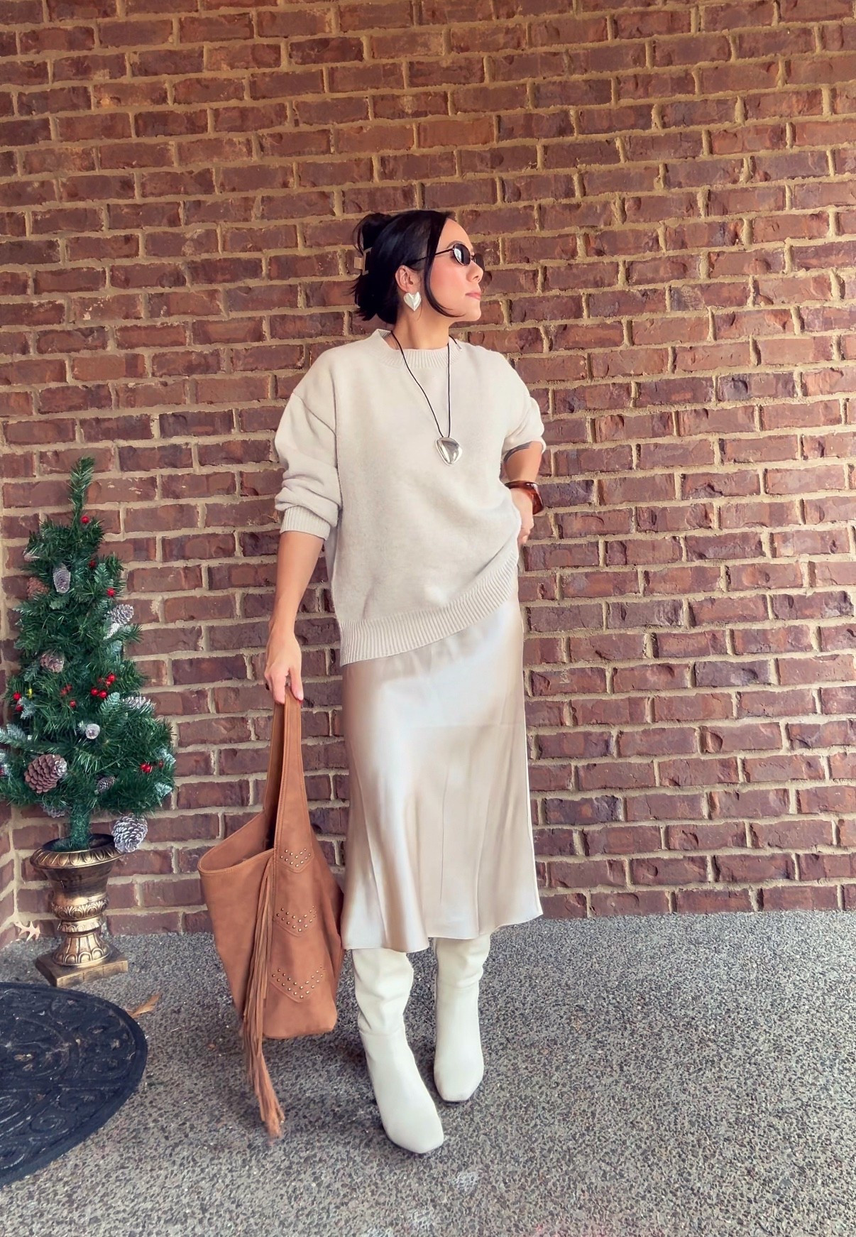 Midi silk skirt is S and TTS. I’m 5”2. Medium in sweater for a more oversized fit  

#LTKPetite #LTKHoliday #LTKootd