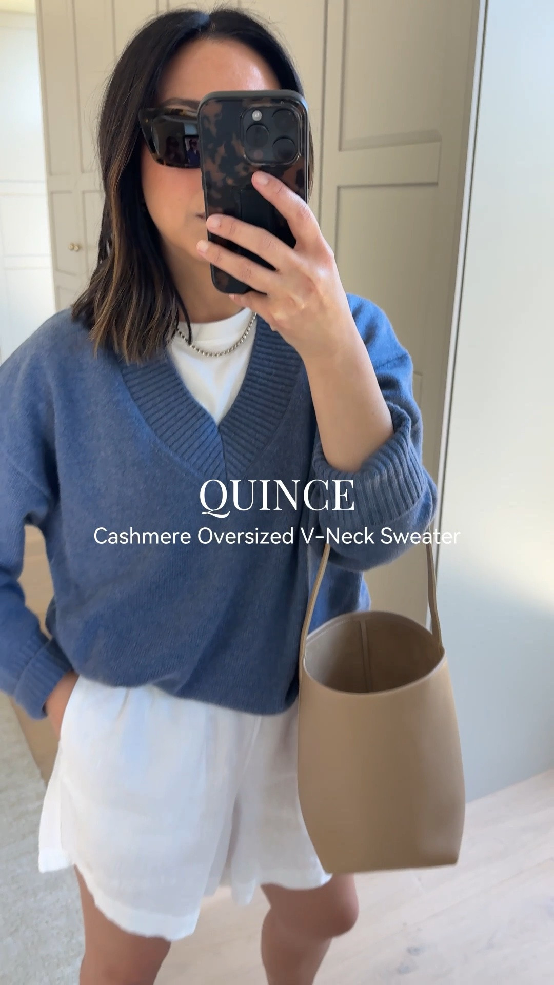 New in from @Quince - the perfect oversized cashmere v-neck sweater for spring. So substantial so it can stand on its own and really elevates an everyday outfit. I’m in an XS - runs oversized, so size down if you want a more fitted look. Also wearing the linen pull on shorts in size small.  #quincepartner