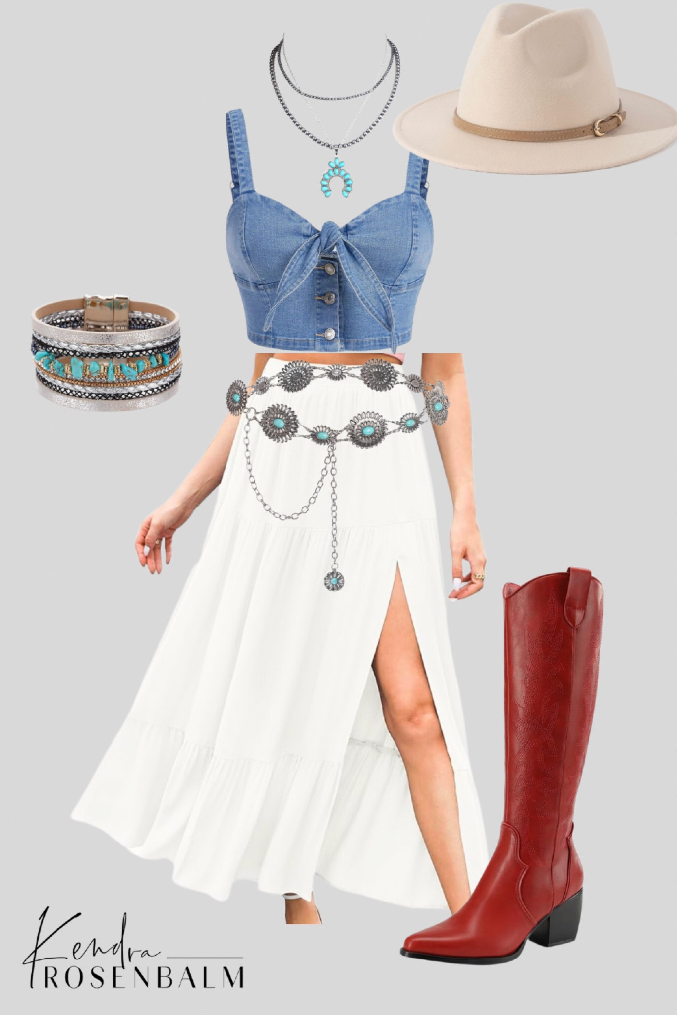 Festival outfit / country concert outfit / white linen maxi skirt / denim outfit / cowboy boots / turquoise jewelry 

#LTKFestival #LTKfindsunder50 #LTKSeasonal