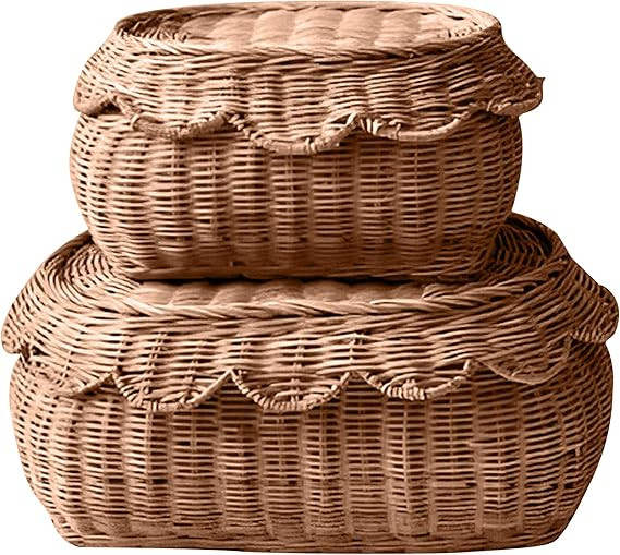 Small Basket Set of 2, Hand Woven Scallop Rattan Baskets - Storage Basket with Lid, Nursery Stora... | Amazon (US)