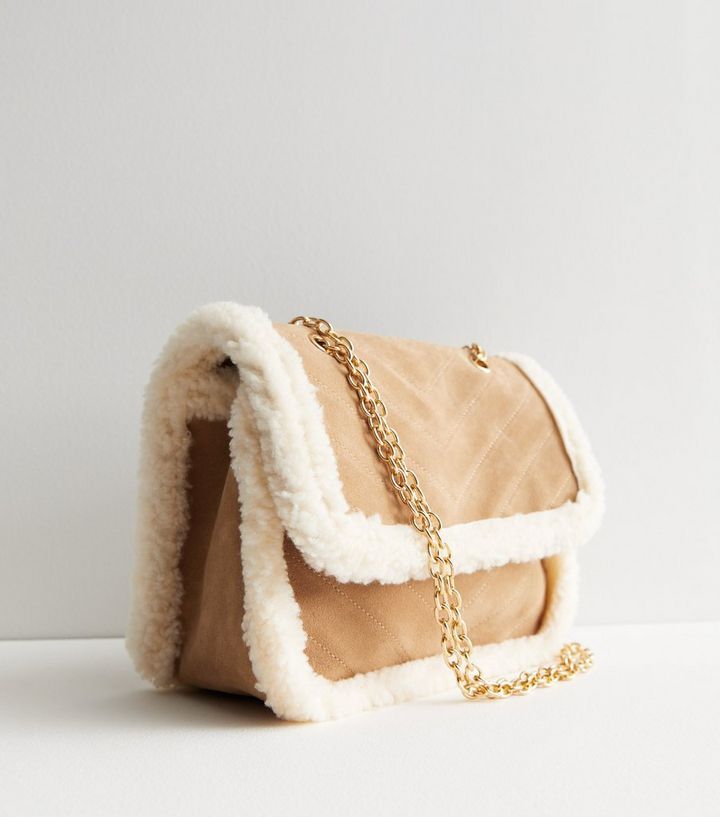 Camel Suedette Faux Shearling Trim Cross Body Bag | New Look | New Look (UK)