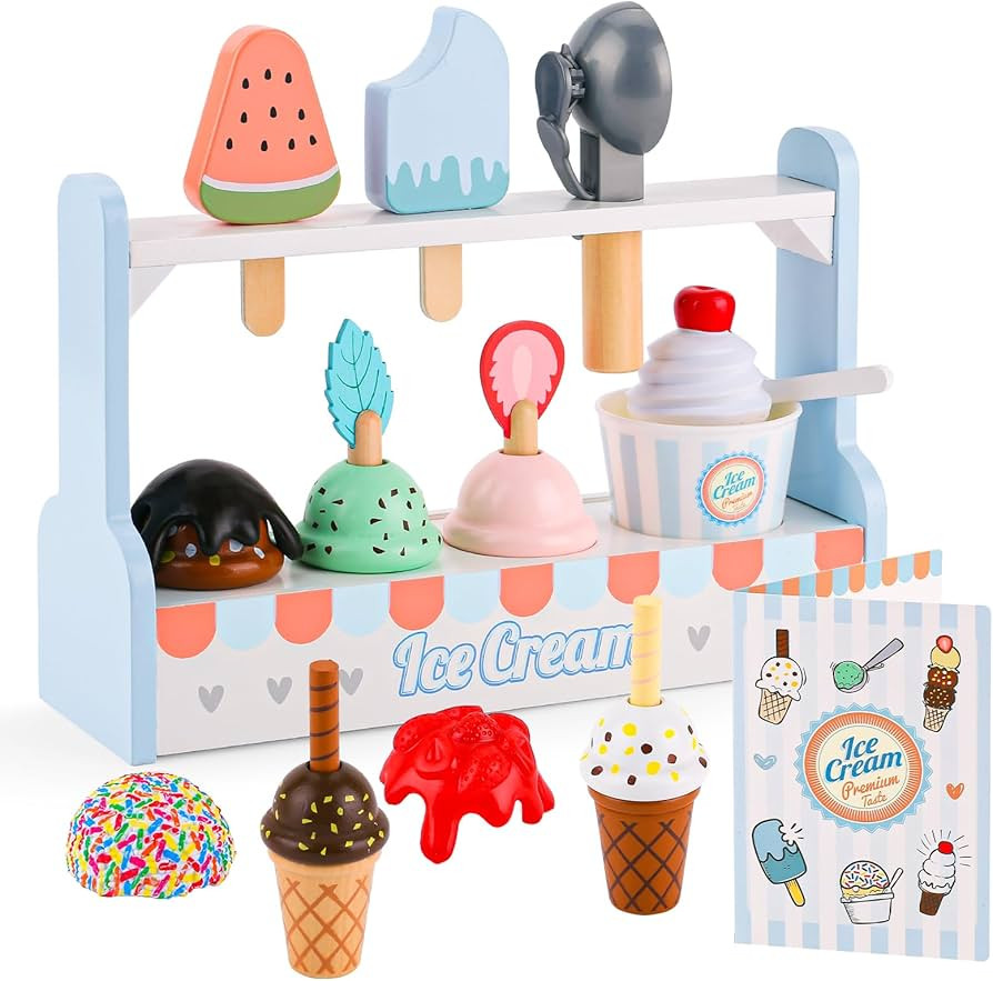 umu Wooden Ice Cream Counter Play Set Toy - Pretend Kitchen Accessories for Kids, Interactive Pre... | Amazon (US)