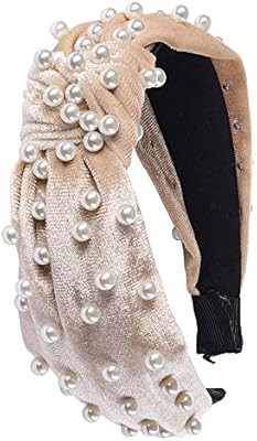 Somewhere Haute Velvet Top-knot Pearl Embellished Headband (Beige) | Amazon (US)