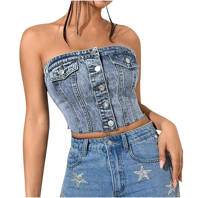 Womens Tops, Women's Button Front Raw Hem Sleeveless Denim Top Strapless Crop Tube Top | Walmart (US)