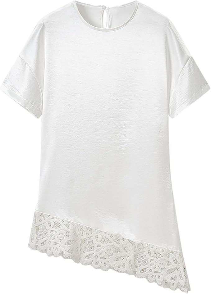 Chevara Women’s Satin Combination Lace T-Shirt Short Sleeve Crew Neck Asymmetric Top Summer Lig... | Amazon (US)
