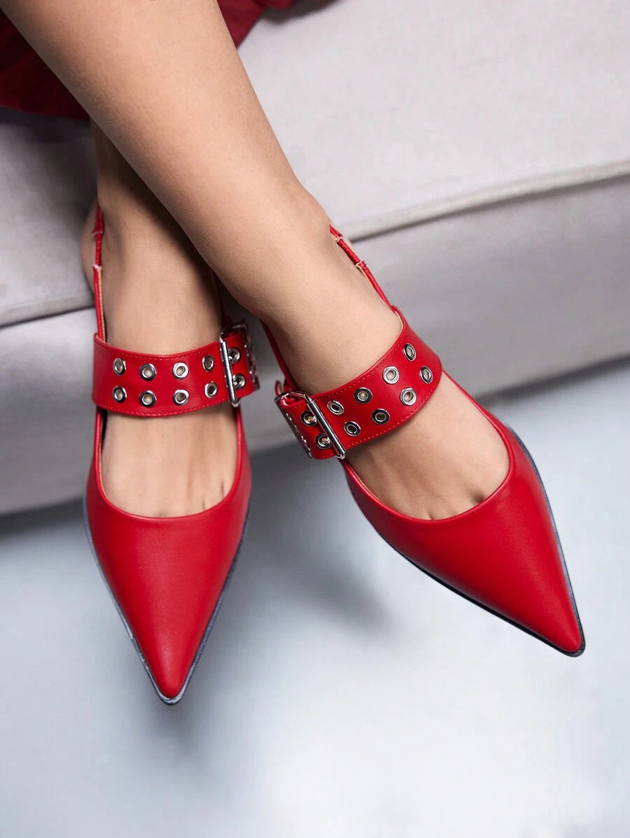 Cuccoo CUCCOO GRLICON Fashionable Red Pointed Toe Buckled Slingback Flat Shoes For Women Elegant ... | SHEIN
