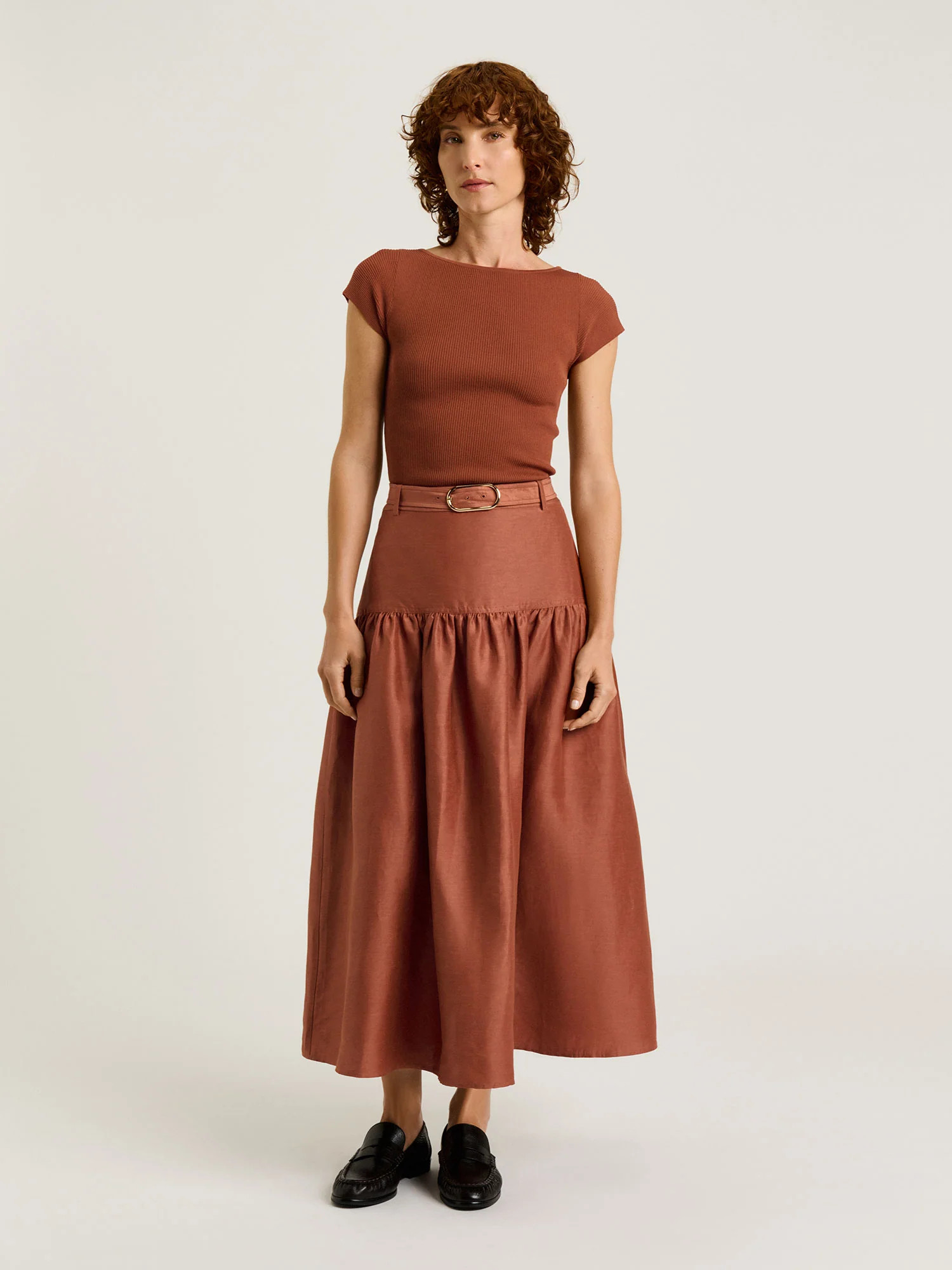 LINEN VISCOSE BLEND GATHERED MIDI SKIRT | Veronika Maine AU