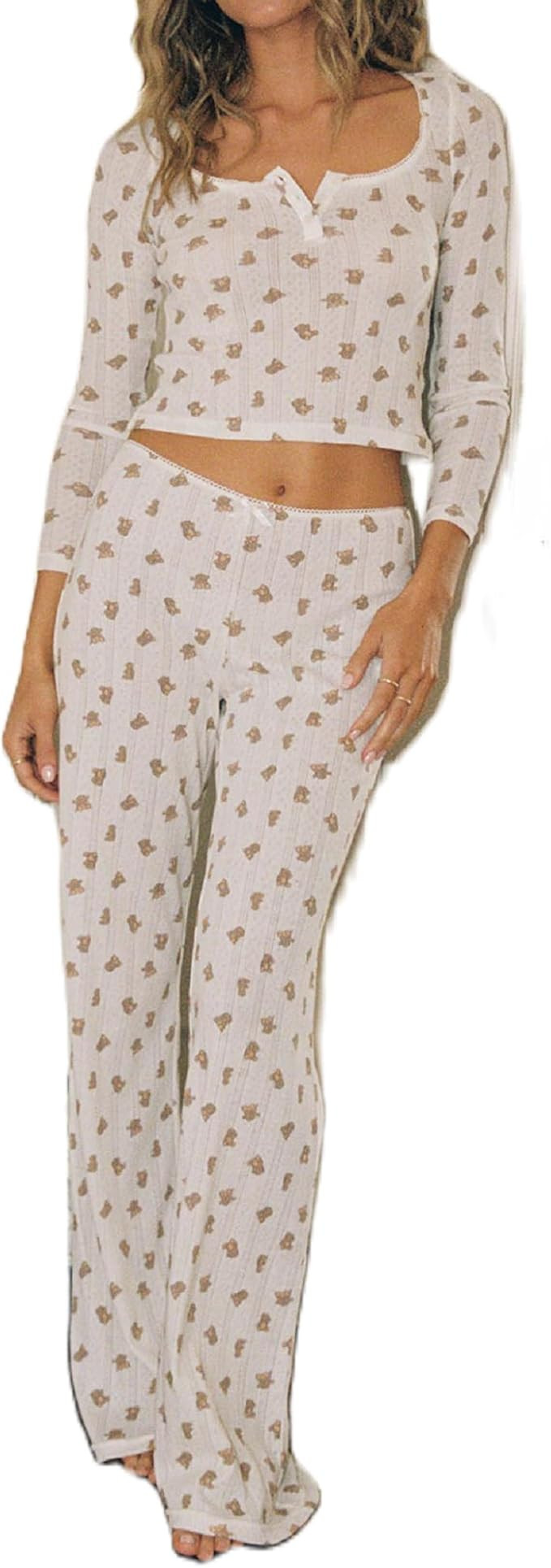 ROAONOCOMO Women Y2K Floral 2 Piece Lounge Set Long Sleeve Fitted Tee Shirt Top Wide Leg Long Pan... | Amazon (US)