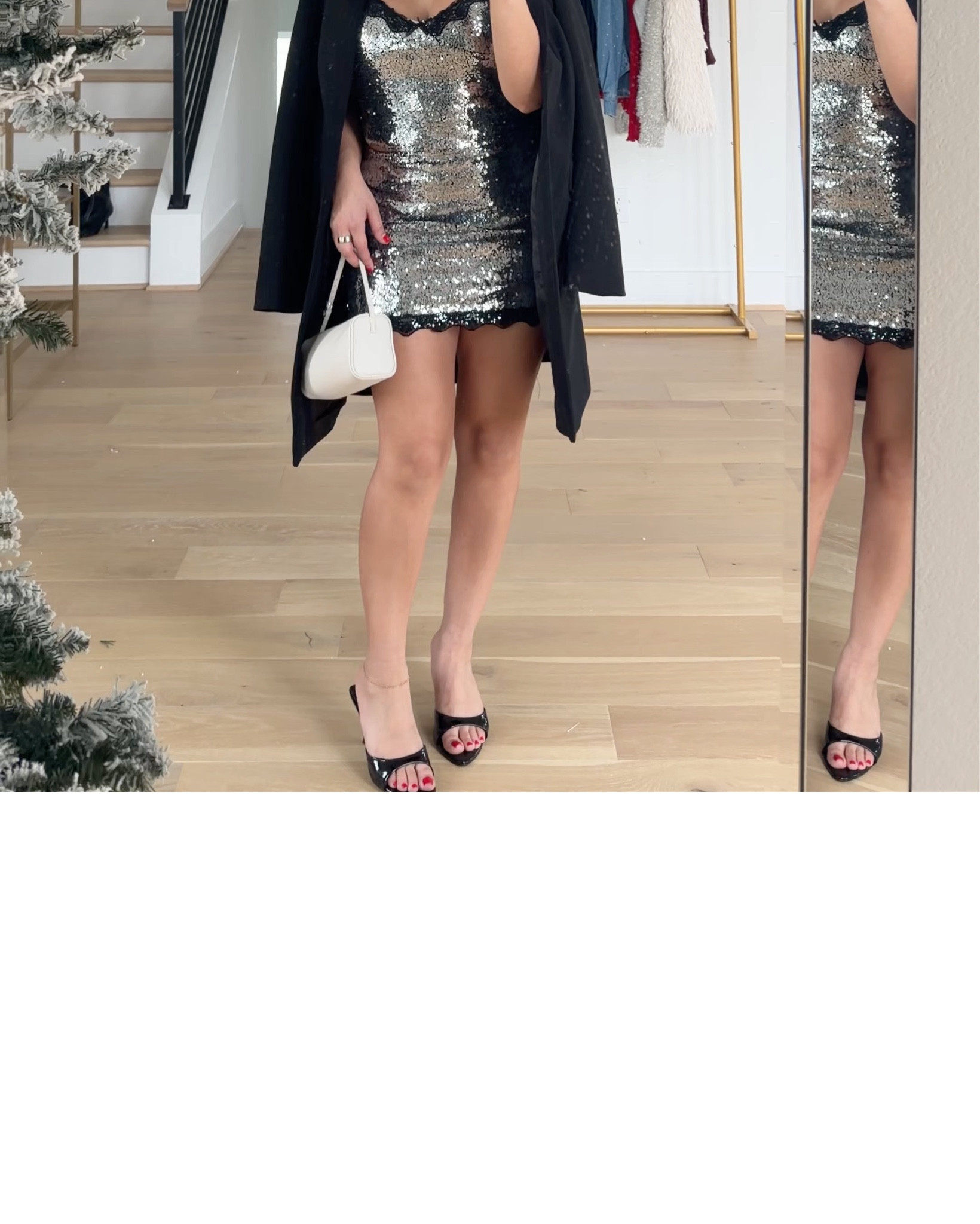 Holiday outfit ideas 
Christmas outfit 
New years eye outfit 

Sequin set: small 
Coat: small
Black heels: 6.5 
White mini bag 
Red set: small 
Clear heels: 7 
Denim sequin top: xs 
Denim sequin jeans: 0 

#LTKgrwm #LTKHoliday #LTKFindsUnder50