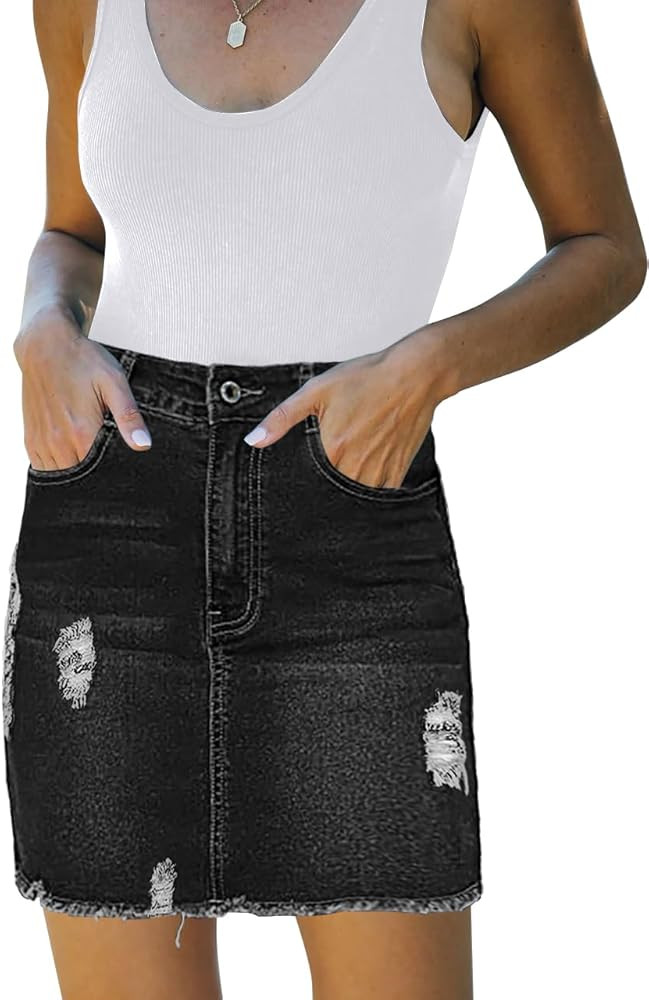 Amazon.com: Necooer Women's Jean Skirt Mid Waist Casual Washed Frayed Stretchy Mini Black Denim S... | Amazon (US)