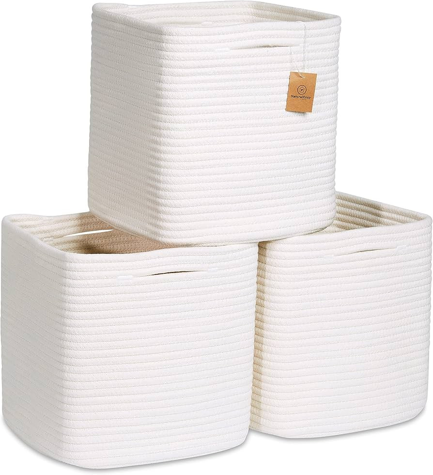 NaturalCozy Storage Cubes 11 Inch Cotton Rope Woven Baskets for Organizing, 3-Pack | Cube Storage... | Amazon (US)