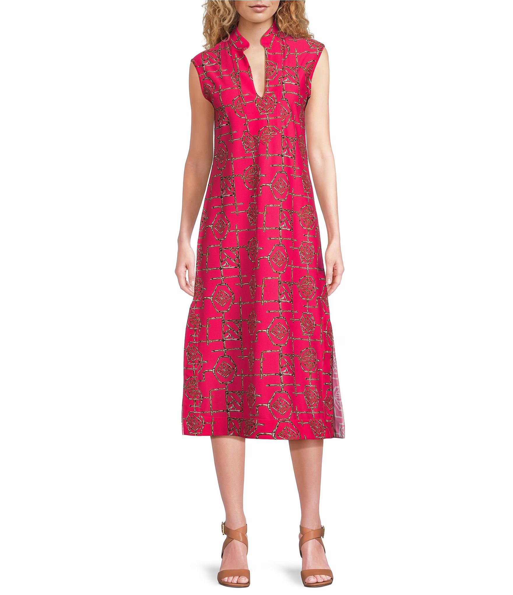 Kristen Knit Decorative Bamboo Hibiscus Print Split V-Neck Sleeveless A-Line Midi Dress | Dillard's