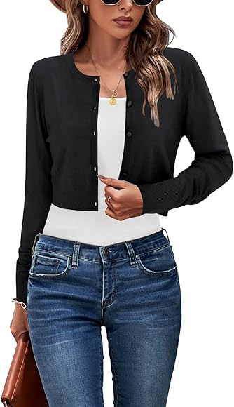Newshows Womens Long Sleeve Cropped Cardigan Trendy 2024 Solid Open Front Crew Neck Bolero Shrug ... | Amazon (CA)