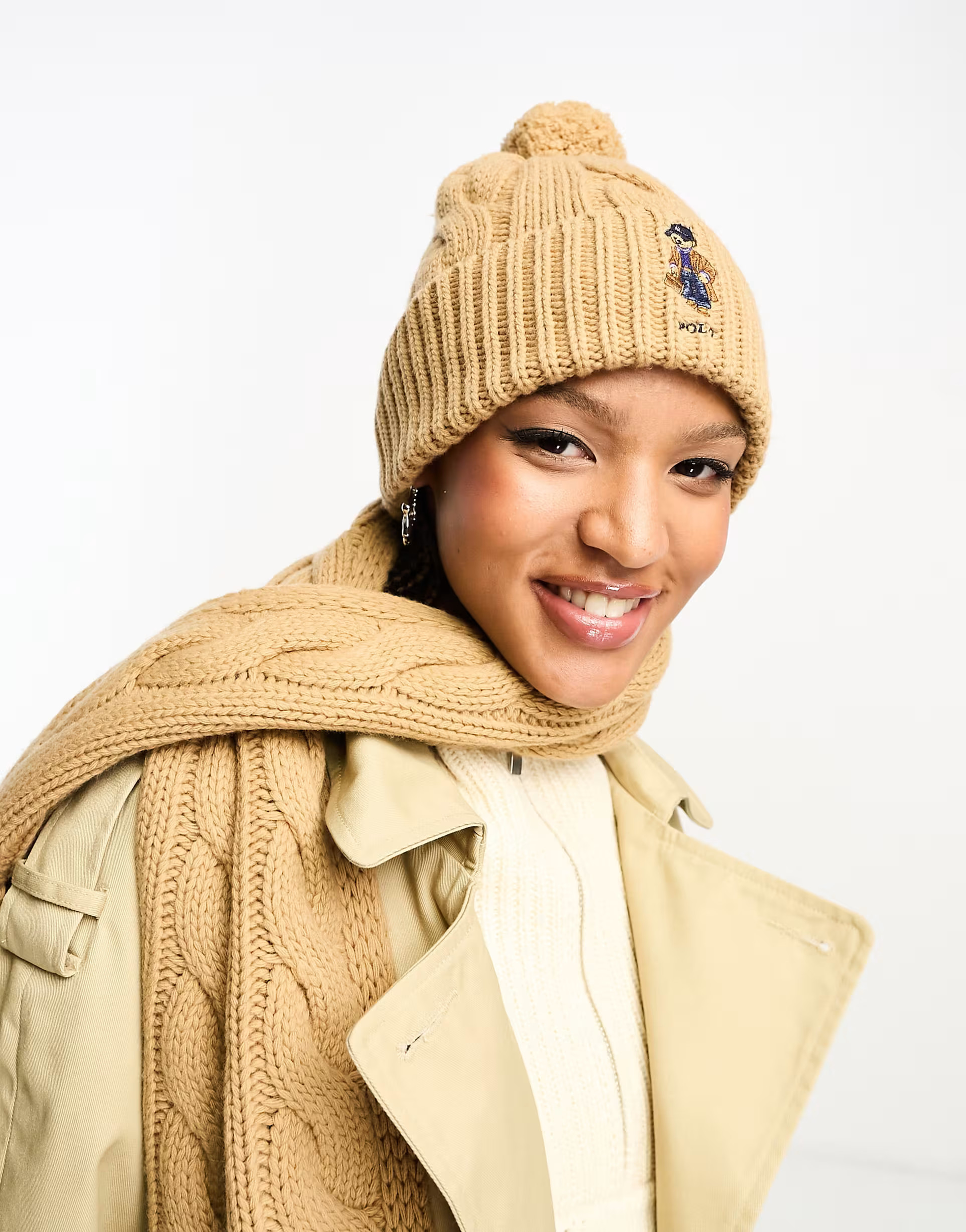Polo Ralph Lauren cable knit beanie in tan with bobble and bear logo | ASOS (Global)