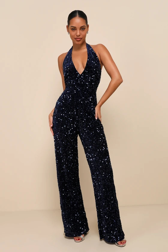 Mesmerizing Diva Navy Blue Sequin Wide-Leg Halter Jumpsuit | Lulus (US)