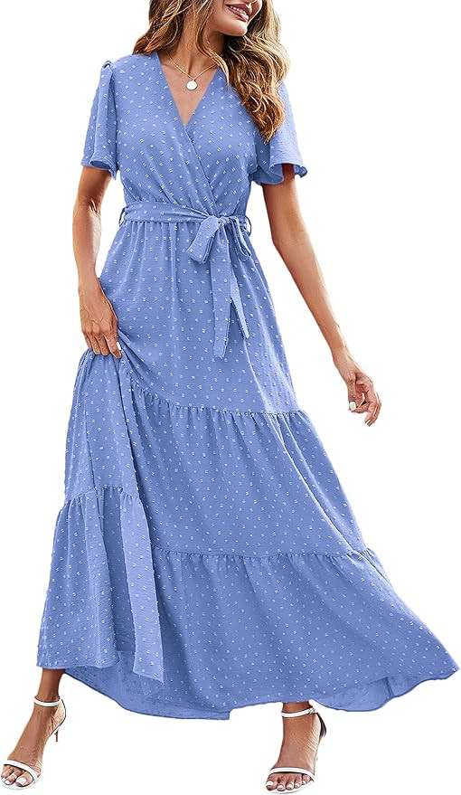 MASCOMODA Womens Summer Swiss Dot Maxi Dresses Wrap V Neck Flutter Short Sleeve Boho Casual Flowy... | Amazon (US)