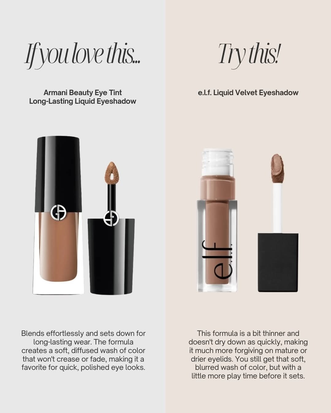 👀 STOP SCROLLING... I may have found one of the best luxury makeup lookalikes.

If you've been eyeing Armani's iconic Eye Tint in Cashew but don't want to spend luxury prices, meet e.l.f.'s Liquid Velvet Eyeshadow in Beige & Boujee. ✨

Are they identical? No.
Do they create a VERY similar, effortless, soft champagne-beige eye? Absolutely.

Here's the breakdown:

✨ Armani = ultra-lightweight, seamless blending, luxe finish, incredible wear.
✨ e.l.f. = beautiful color payoff, easy to apply, and an amazing value for the price.

As a makeup artist, I don't believe every product has to be expensive to look beautiful. Sometimes it's worth splurging, and sometimes the affordable option delivers way more than you'd expect.

If you love quick, one-and-done eyeshadow looks that make you look polished in under a minute, both of these deserve a spot on your radar.

🤍 Save this for your next Ulta, Sephora or Target trip.

🛍️ Shop both through my LTK to compare them side-by-side and decide which one fits your budget. 

 #LTKgrwm #LTKOver40 #LTKBeauty
