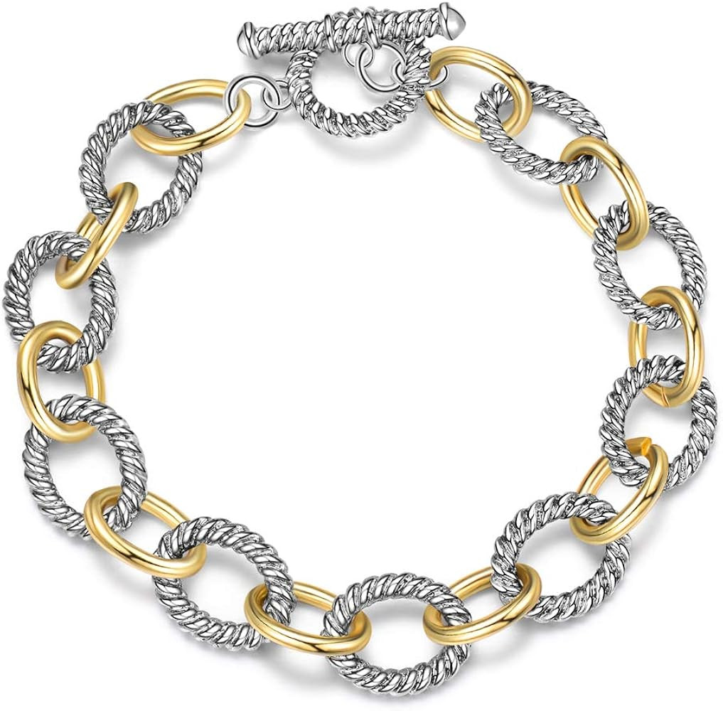Mytys Link Bracelet Two tone Circles Chain Silver and Gold Wire Cable Bangle Designer Inspired Br... | Amazon (US)