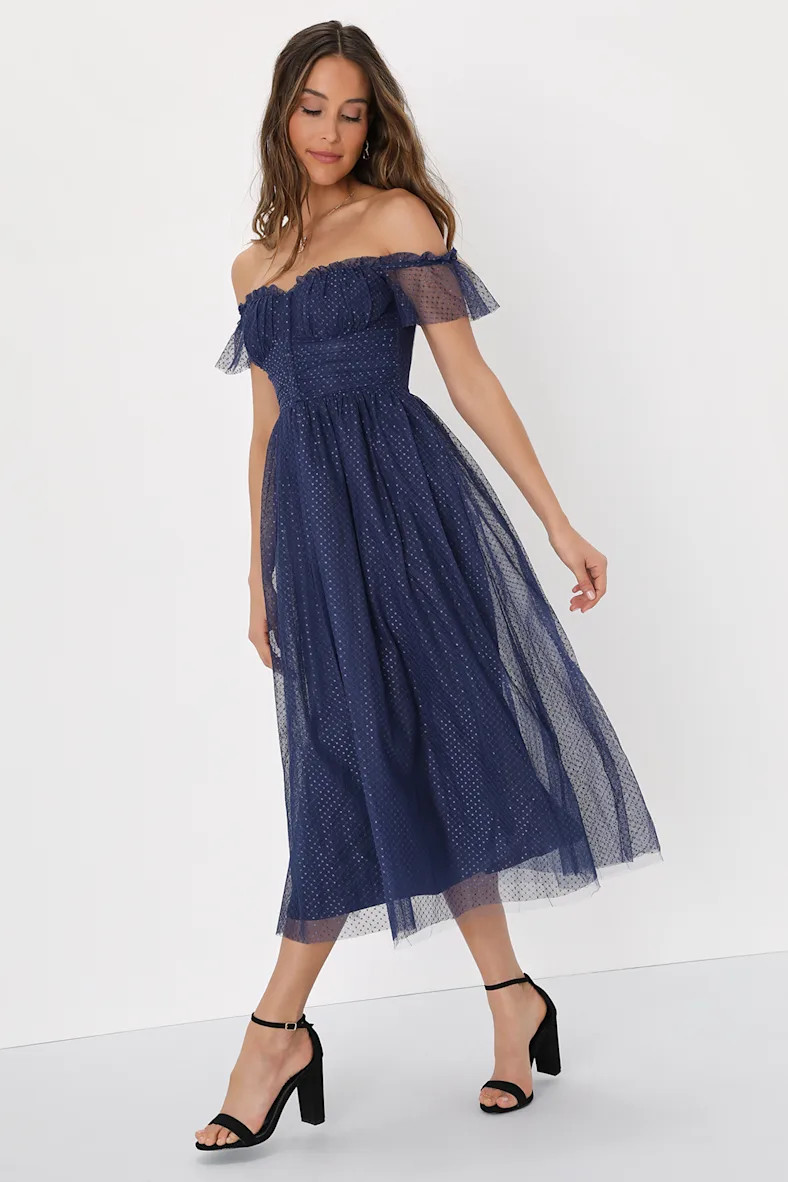 Regal Radiance Navy Blue Tulle Bustier Midi Dress | Lulus