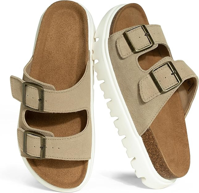 Platform Sandals for Women – Genuine Leather Chunky Wedge Slides with Cork Footbed, Arch Suppor... | Amazon (US)
