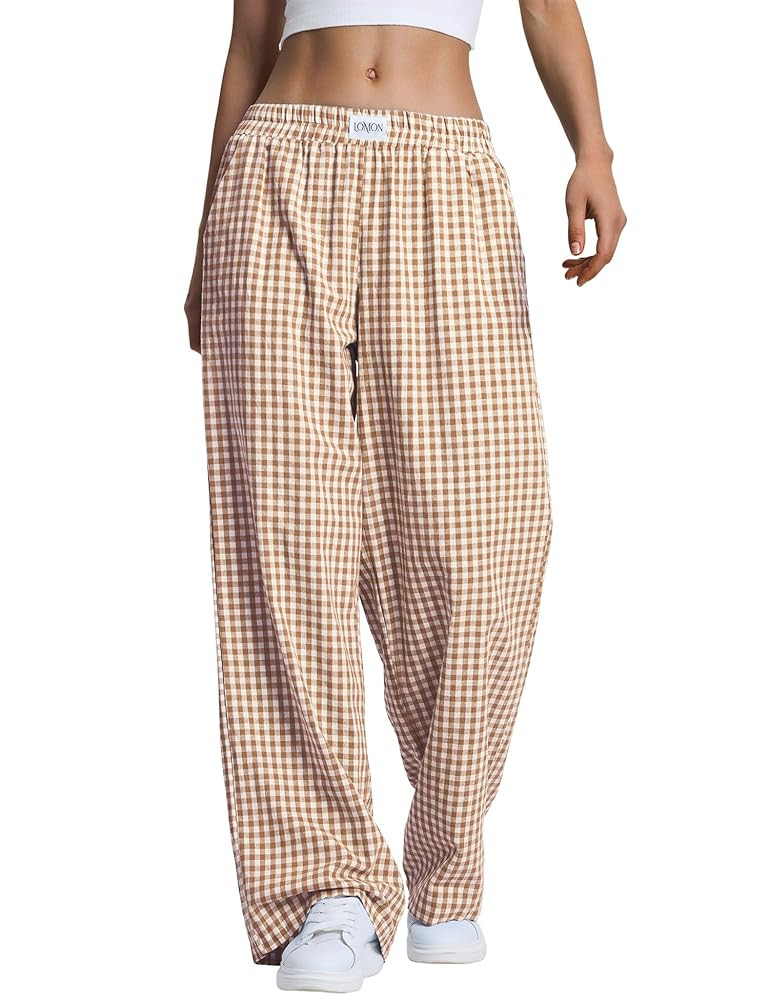 LOMON Women's Striped Gingham Boxer Pants Cotton Pajama Lounge Pj Casual Plaid Trousers Y2K Beach... | Amazon (US)