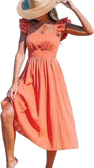 CUPSHE Women's Midi Dress Square Neck Flutter Sleeve High Waist A Line Self Tie Cotton Summer Dre... | Amazon (US)