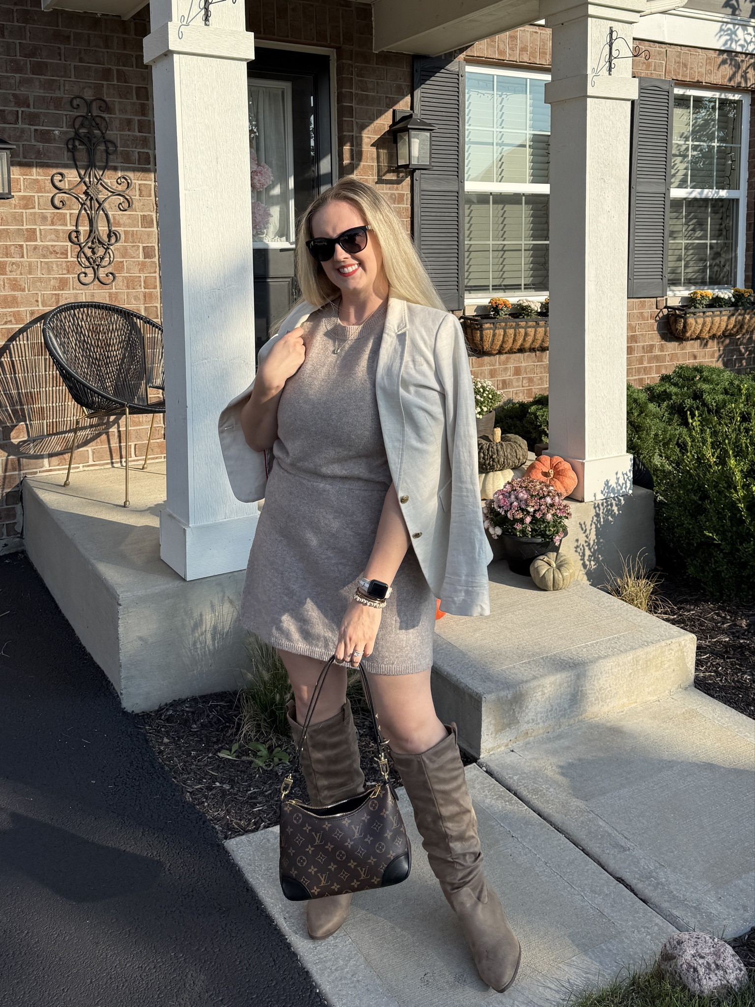 A neutral work outfit that will never go out of style. A classic sweater set with a skirt and blazer all in various tones and textures but working together for a cohesive and stunning outfit. Wore this on a date night but is also office ready.

#LTKOver40 #LTKWorkwear #LTKMidsize