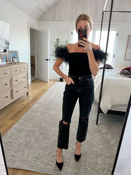 Black fluff top - distressed denim - heels - xs - TTS 