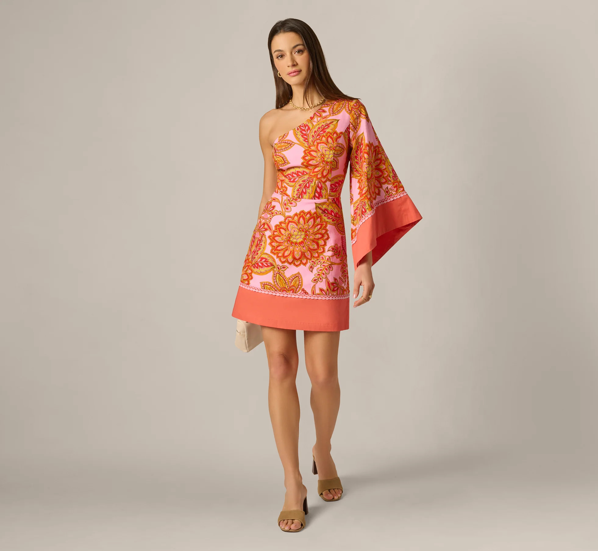One Shoulder Bell Sleeve Paisley Short Dress In Pink Multi | Adrianna Papell